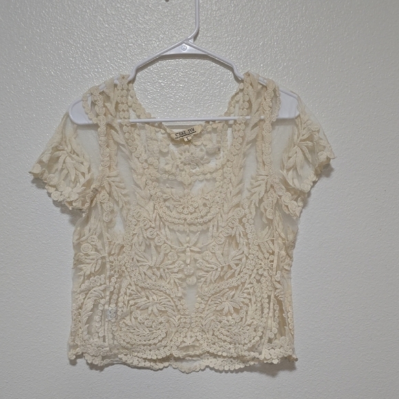 C’Est Toi Tops - Embellished Cream Cropped Blouse with Ruffles